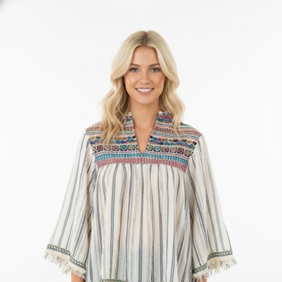 None Tops - Embroidered Small oversized boho fringe top